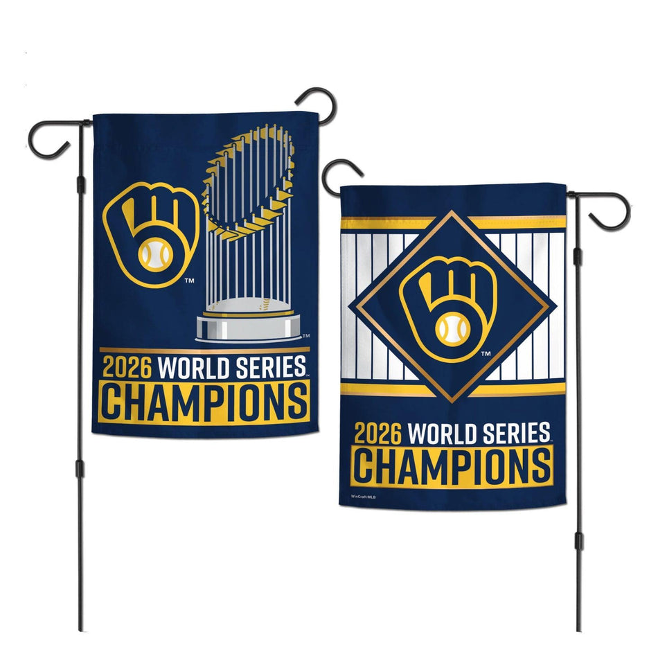 This garden flag features the Milwaukee Brewers logo with the world series trophy and the words "2026 world series champions"