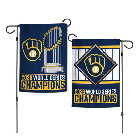 This garden flag features the Milwaukee Brewers logo with the world series trophy and the words "2026 world series champions"