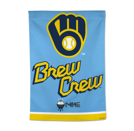 Milwaukee Brewers City Connect House Banner Features The Logo With The Words Brew Crew on a Light Blue Background