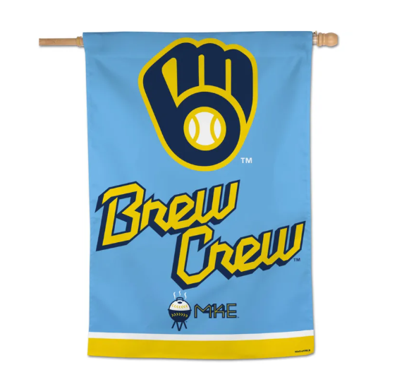 Milwaukee Brewers City Connect House Banner Features The Logo With The Words Brew Crew on a Light Blue Background