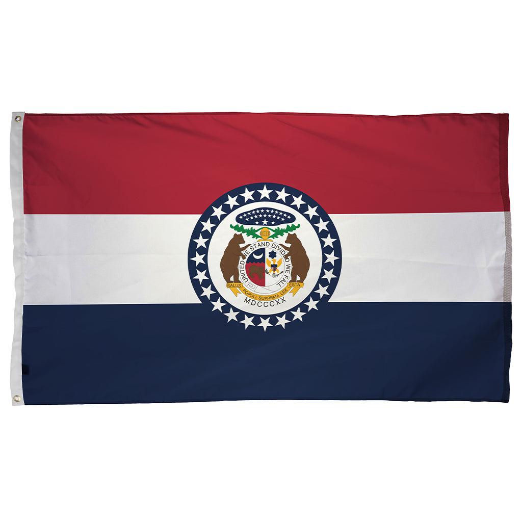 Long-lasting outdoor State of Missouri Flags available in 1x1.5, 2x3, 3x5, 4x6, 5x8, 6x10, 8x12, 10x15 and 12x18 sizes