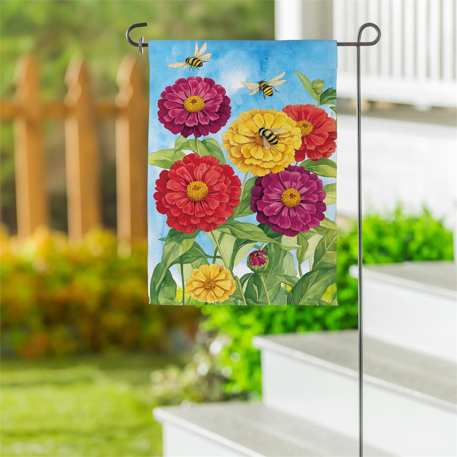 Multicolor Zinnias & Bees Garden Flag
