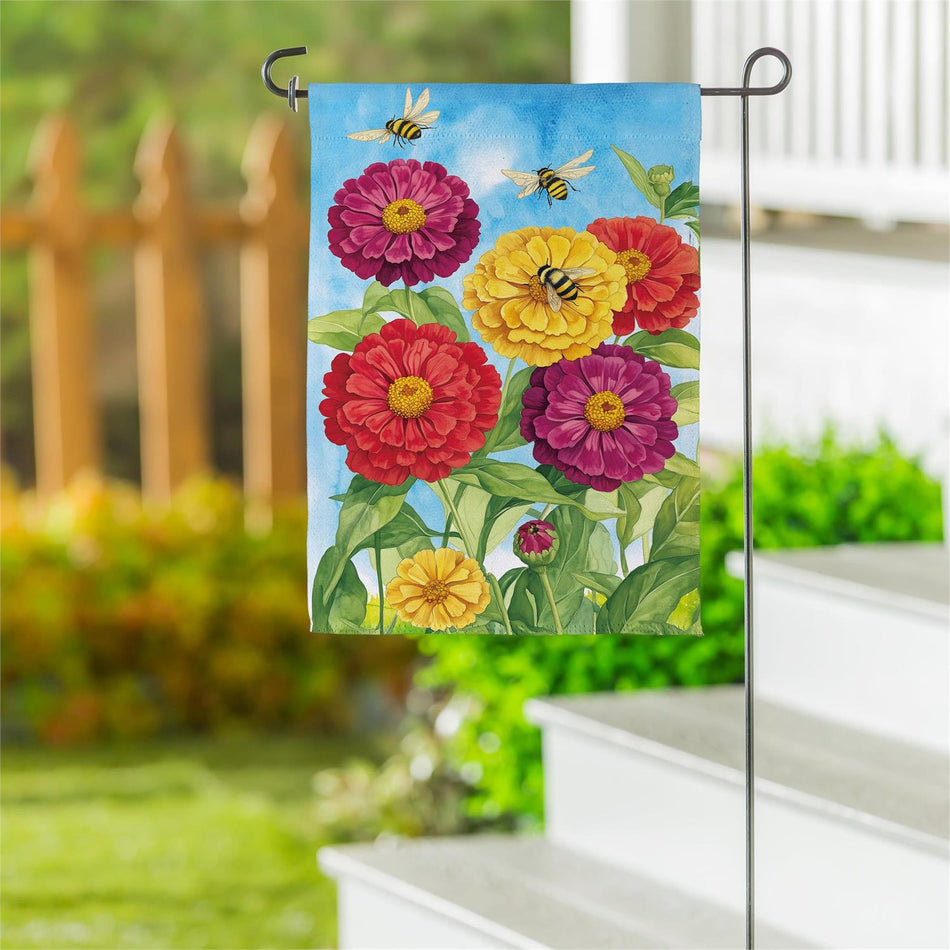 Multicolor Zinnias & Bees Garden Flag