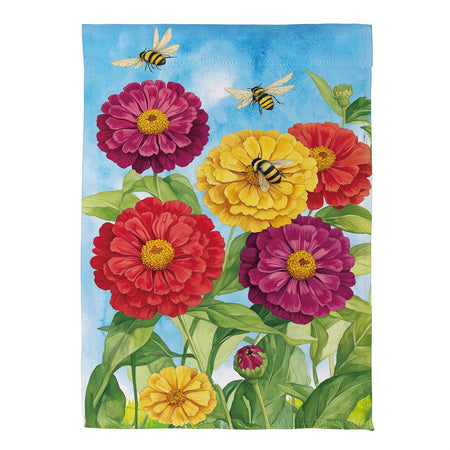 Multicolor Zinnias & Bees Garden Flag Features yellow, red & magenta zinnias with bees flying around 