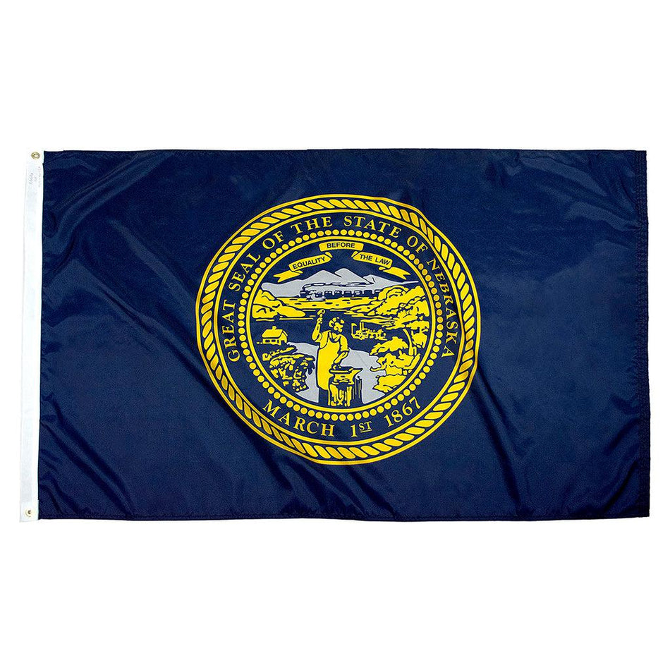 Long-lasting outdoor State of Nebraska Flags available in 1x1.5, 2x3, 3x5, 4x6, 5x8, 6x10, 8x12, 10x15 and 12x18 sizes