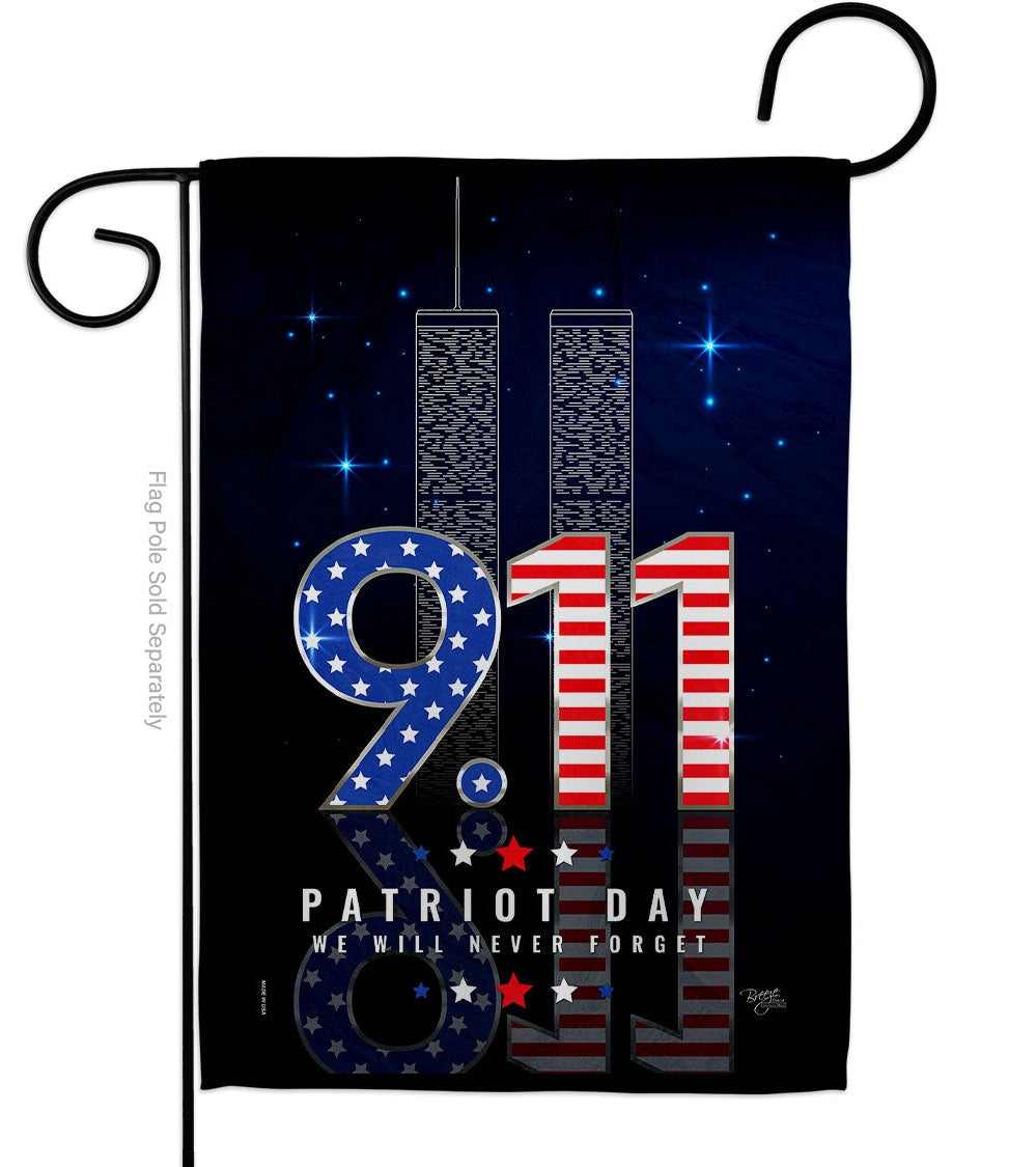 Honor September 11 with this patriotic 9/11 memorial garden flag featuring the Twin Towers, American flag, 9.11.01 date and powerful Never Forget message.