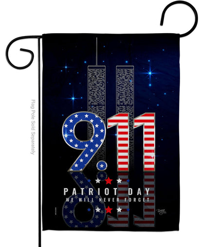 Honor September 11 with this patriotic 9/11 memorial garden flag featuring the Twin Towers, American flag, 9.11.01 date and powerful Never Forget message.