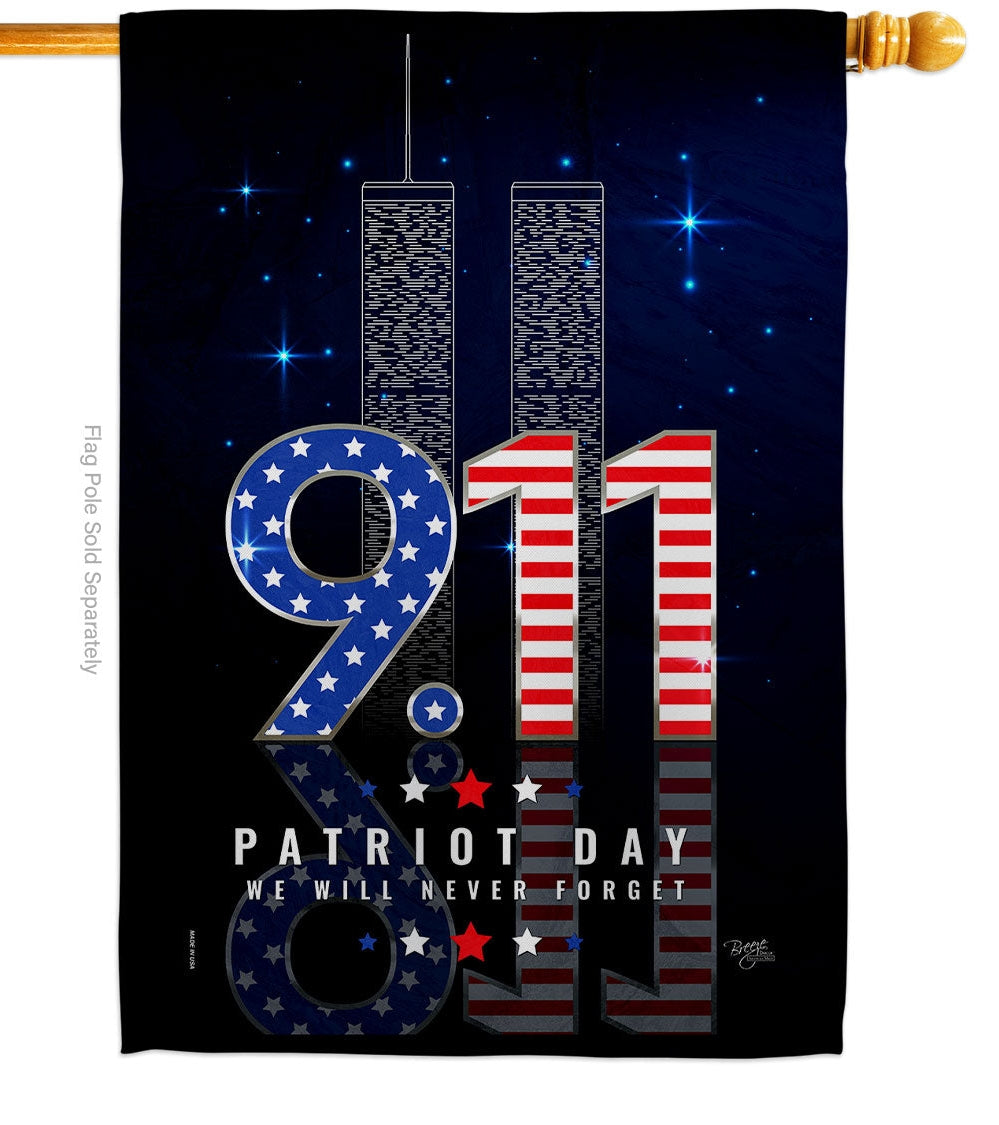 Honor September 11 with this patriotic 9/11 memorial house flag and house banner featuring the Twin Towers, American flag, 9.11.01 and Never Forget.