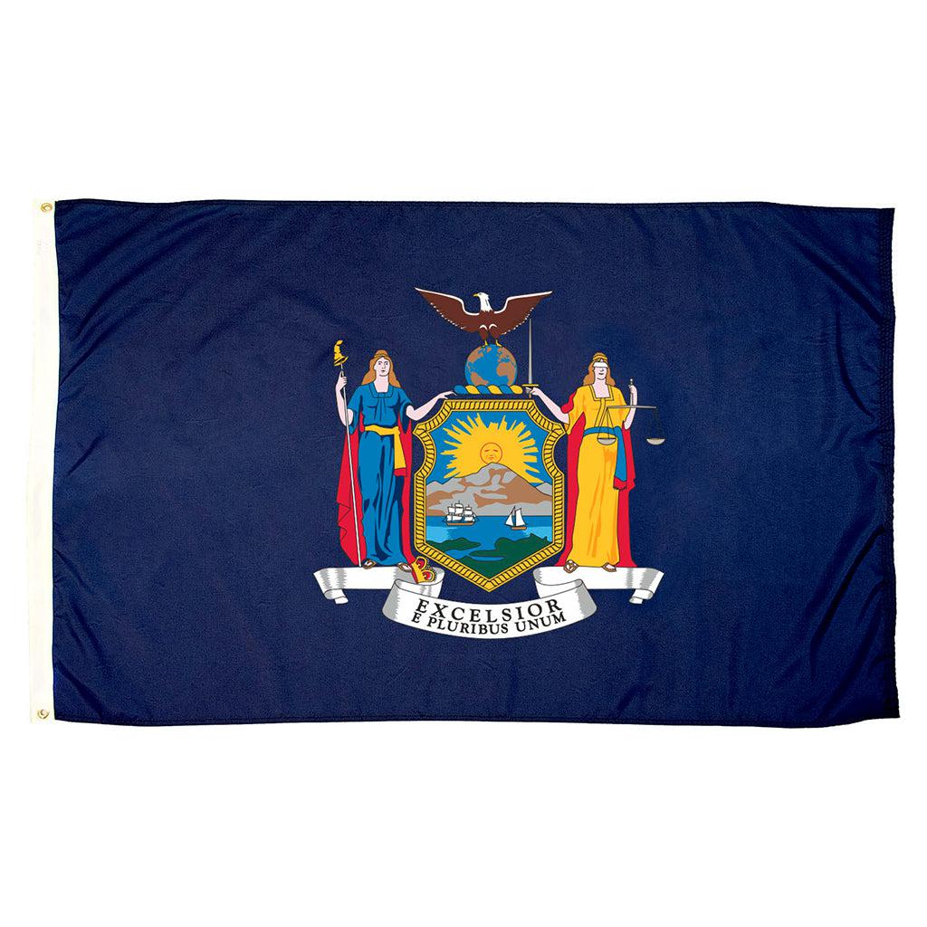 Long-lasting outdoor State of New York Flags available in 1x1.5, 2x3, 3x5, 4x6, 5x8, 6x10, 8x12, 10x15 and 12x18 sizes
