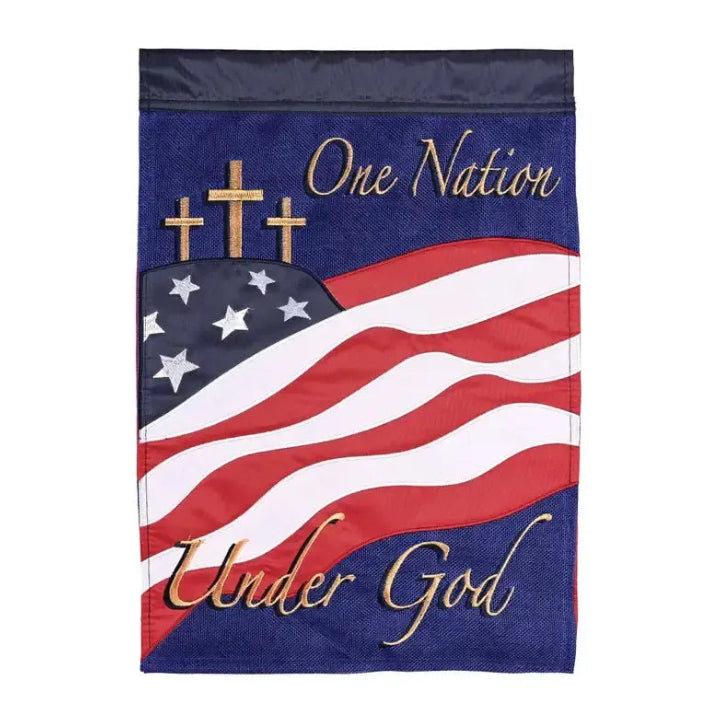 One Nation Under God Garden Flag Features Three Embroidered Crosses, the American Flag and One Nation Under God  
