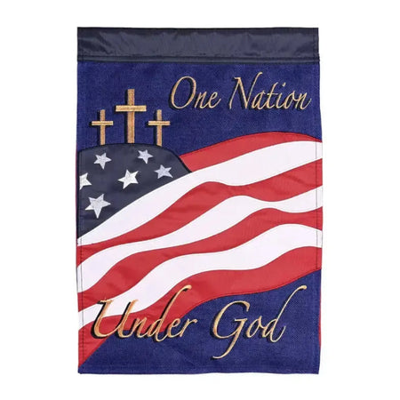 One Nation Under God Garden Flag Features Three Embroidered Crosses, the American Flag and One Nation Under God  