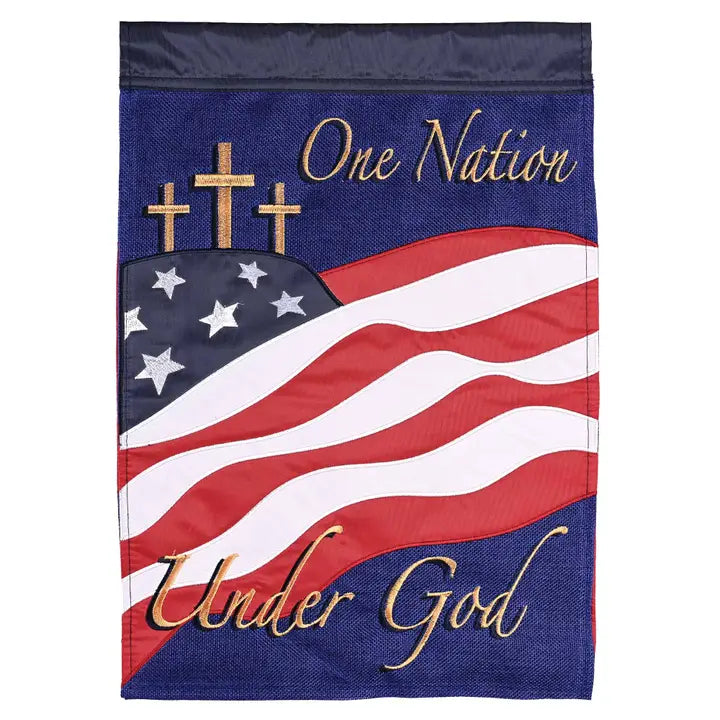 One Nation Under God Garden Flag Features Three Embroidered Crosses, the American Flag and One Nation Under God  