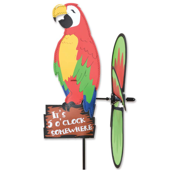 Party Macaw Petite Spinner Features the Words "It's 5 O'Clock Somewhere and the Macaw Sitting on the Sign 