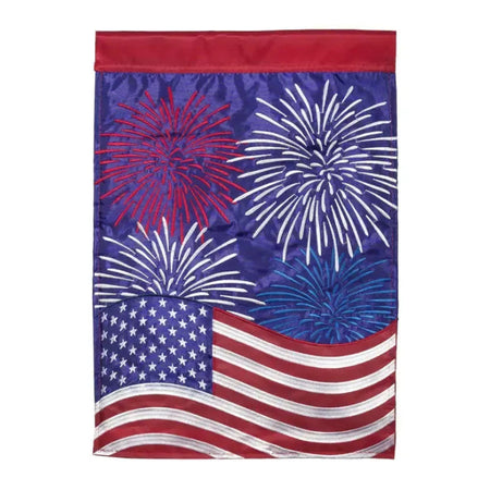 Patriotic Fireworks Applique House Banner features red, white and blue fireworks behind the U.S. Flag 