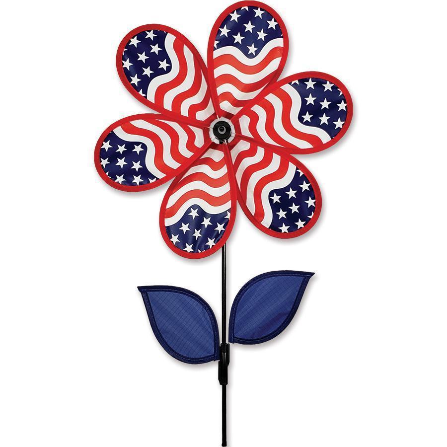This Patriotic Flower Spinner features red, white, and blue stars and stripes blades that rotate.