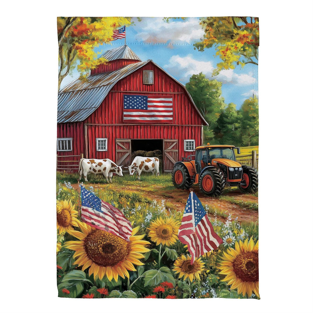 Patriotic Lands Garden Flag features a red barn with 2 cows, a tractor and sunflowers 