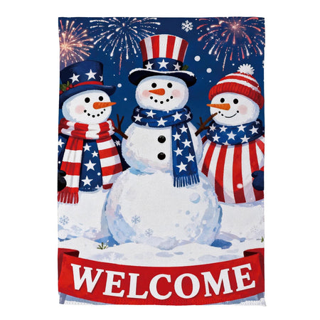 Patriotic Snowman Trio Garden Flag Features 3 Snowmen with The Word "Welcome" and Fireworks  Up Top 