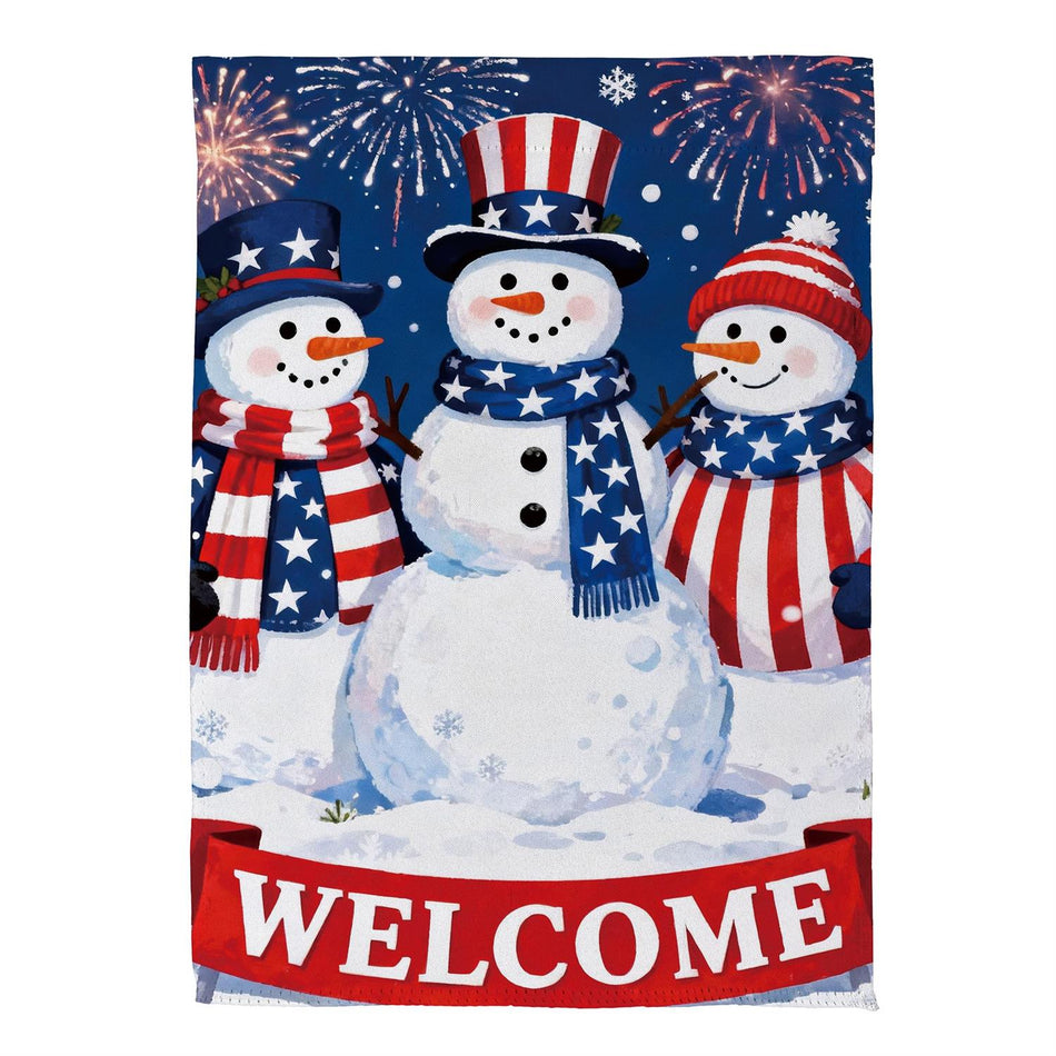 Patriotic Snowman Trio Garden Flag Features 3 Snowmen with The Word "Welcome" and Fireworks  Up Top 