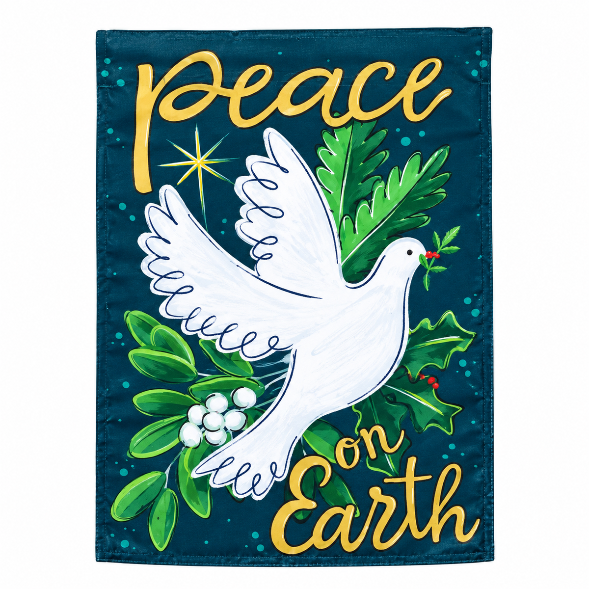 Peace On Earth Garden Flag Features a dove with the words "peace on earth"