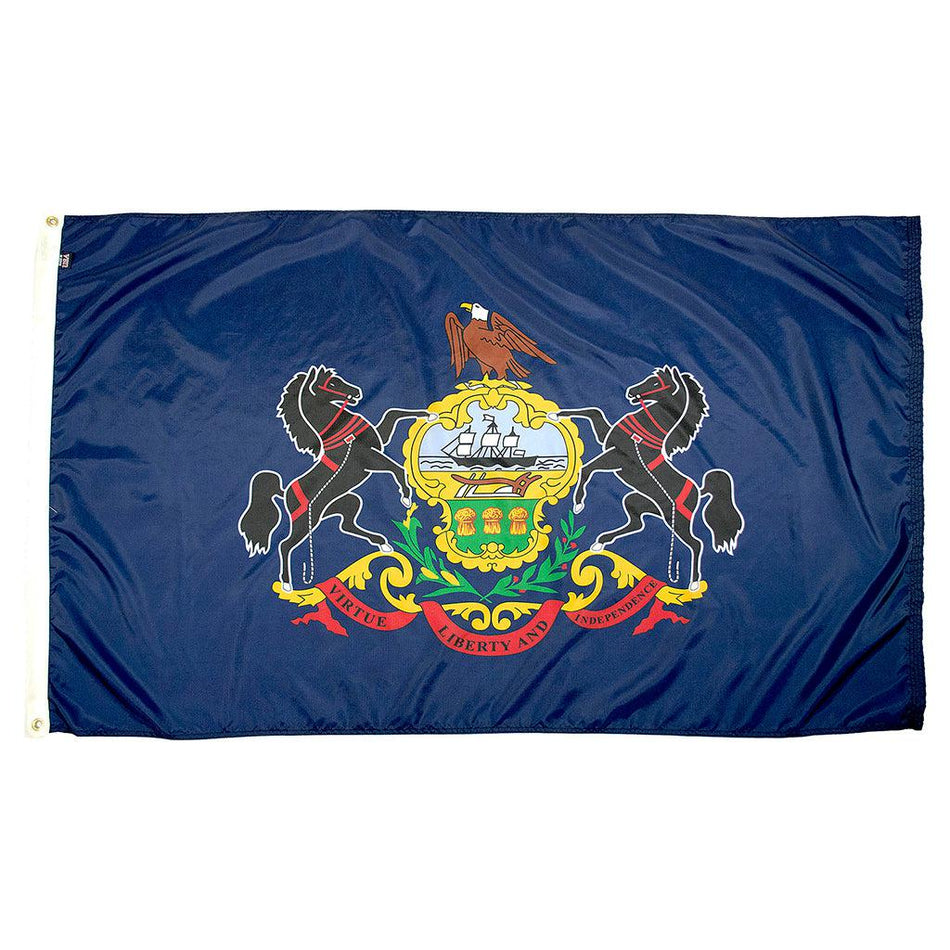 Long-lasting outdoor State of Pennsylvania Flags are available in 1x1.5, 2x3, 3x5, 4x6, 5x8, 6x10, 8x12, 10x15, and 12x18 sizes