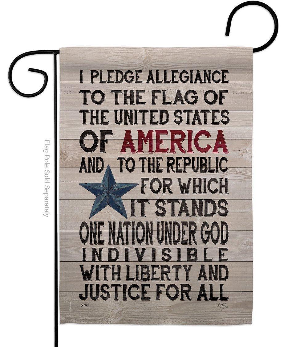 Patriotic garden flag with pledge of allegiance on barnyard background