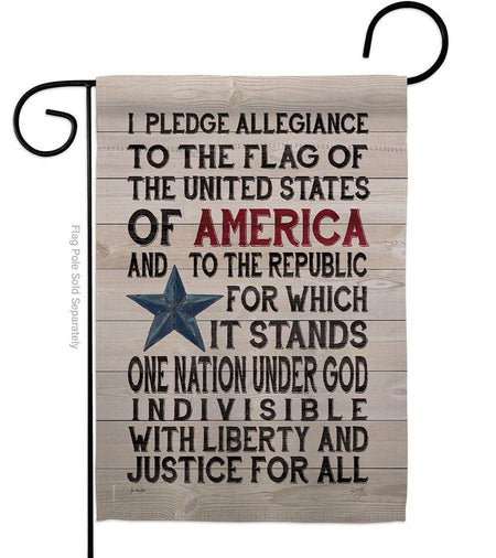 Patriotic garden flag with pledge of allegiance on barnyard background