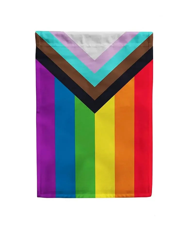 this garden flag has the progress pride colors like the rainbow flag but with the added colors on top 