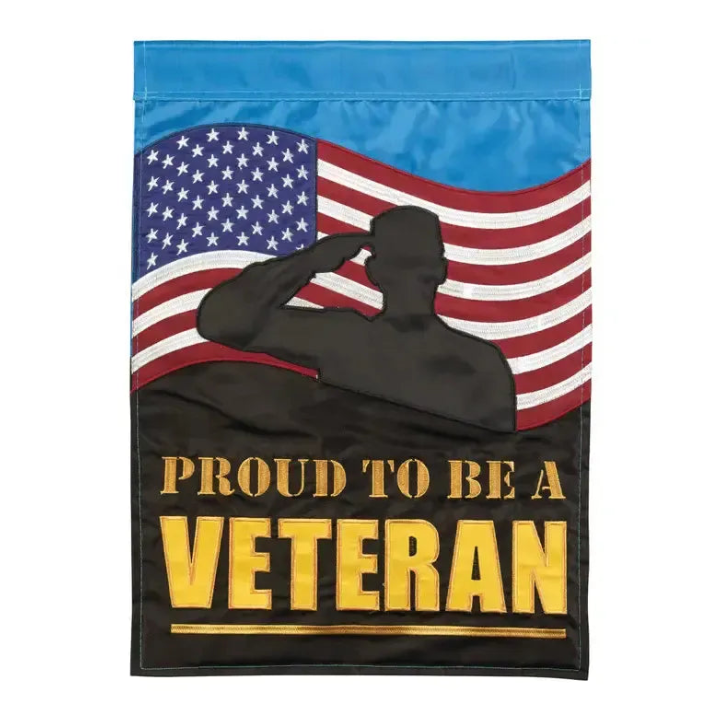 This Proud To Be A Veteran Garden Flag features a U.S. Flag in the background with a soldier saluting with the words "Proud To Be a Veteran" on the bottom in yellow