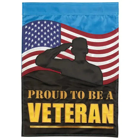 This Proud To Be A Veteran Garden Flag features a U.S. Flag in the background with a soldier saluting with the words "Proud To Be a Veteran" on the bottom in yellow