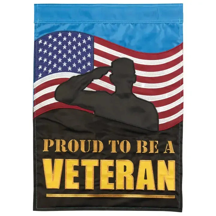 This Proud To Be A Veteran Garden Flag features a U.S. Flag in the background with a soldier saluting with the words "Proud To Be a Veteran" on the bottom in yellow