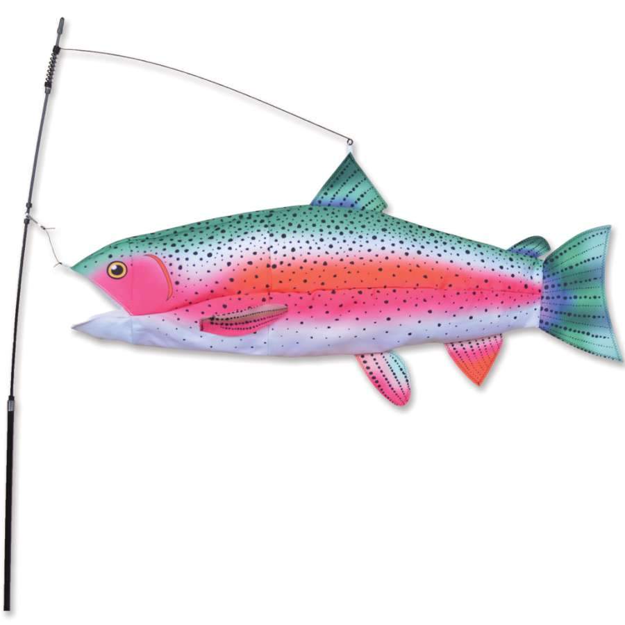 The rainbow trout swimming fish is a cross between a weather vane, a windsock, and a pet. These fish fill up with air, bob and weave, and wag their tags just like real fish!