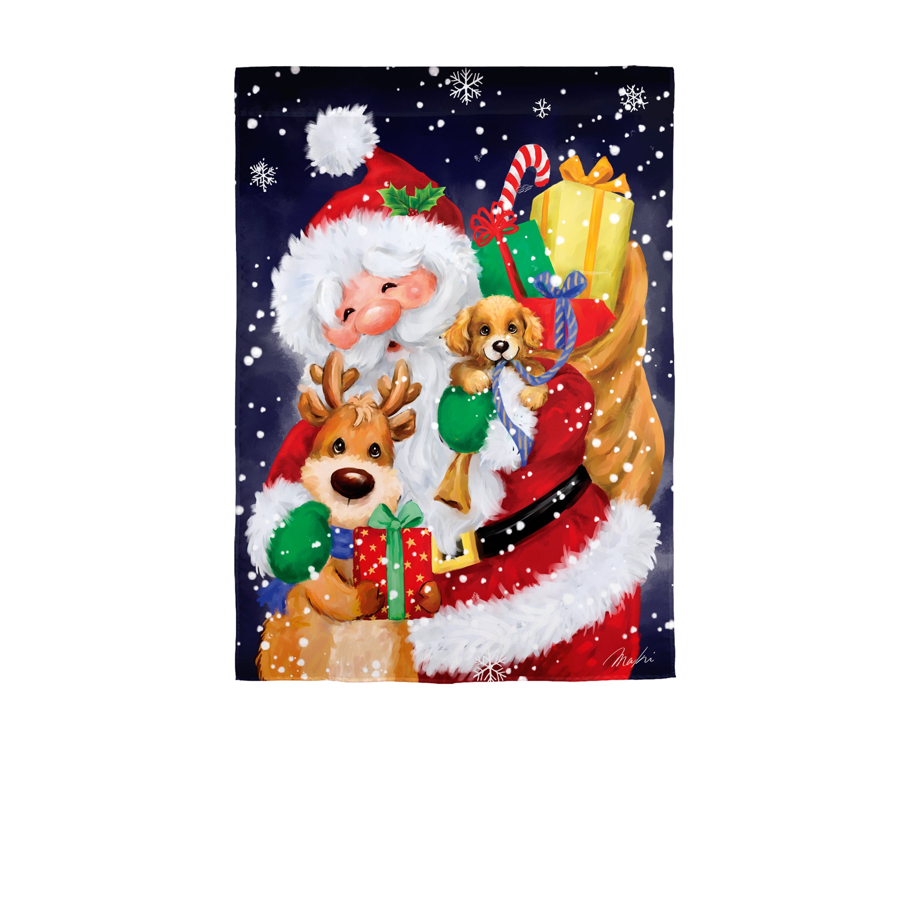 Santa, Reindeer and Puppy Garden Flag