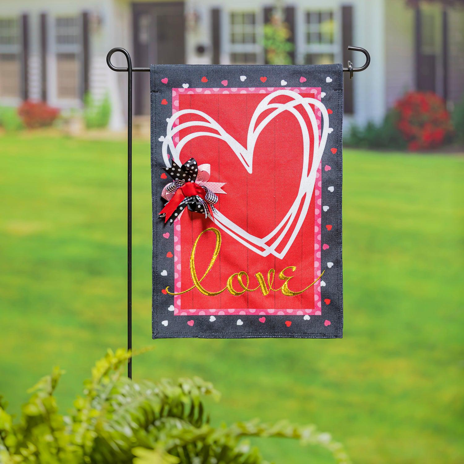 Scattered Hearts and Bow Burlap Garden Flag