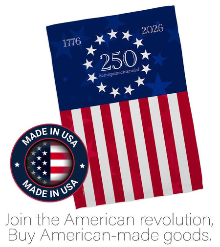 Celebrate America's 250th with our special Betsy Ross garden flag, featuring 13 stars, 13 stripes, and the years 1776 and 2026 in a patriotic design.