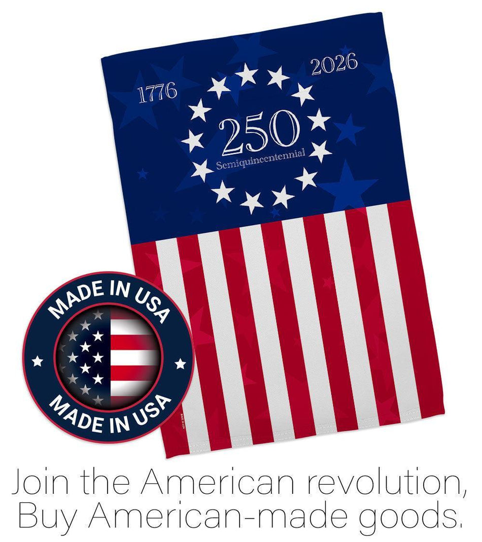 Celebrate America's 250th with our special Betsy Ross garden flag, featuring 13 stars, 13 stripes, and the years 1776 and 2026 in a patriotic design.
