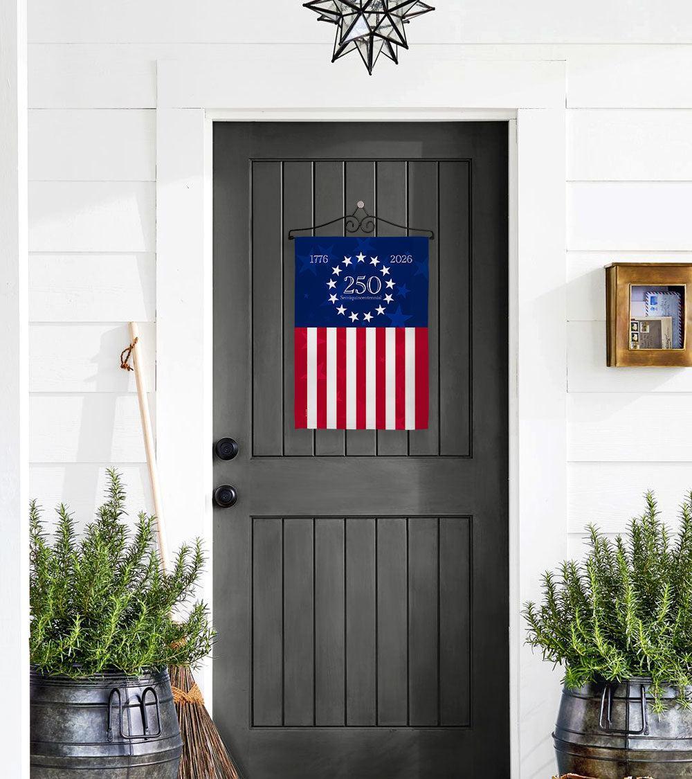 Celebrate America's 250th with our special Betsy Ross garden flag, featuring 13 stars, 13 stripes, and the years 1776 and 2026 in a patriotic design.
