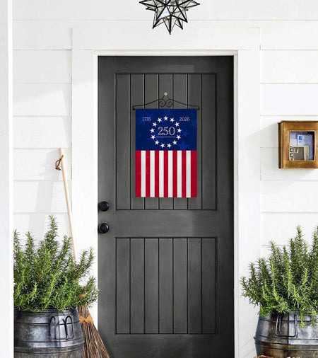 Celebrate America's 250th with our special Betsy Ross garden flag, featuring 13 stars, 13 stripes, and the years 1776 and 2026 in a patriotic design.