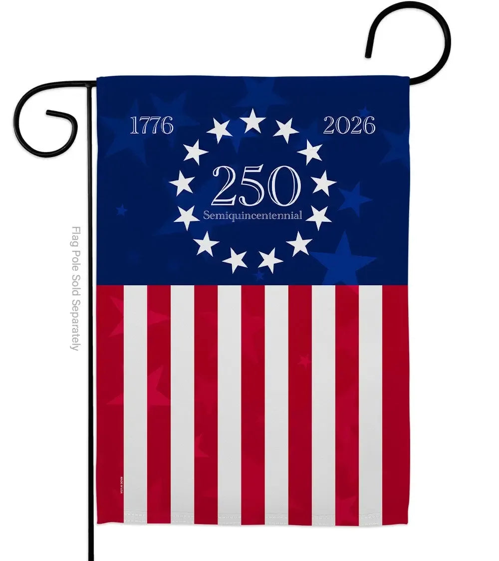 Celebrate America's 250th with our special Betsy Ross garden flag, featuring 13 stars, 13 stripes, and the years 1776 and 2026 in a patriotic design.