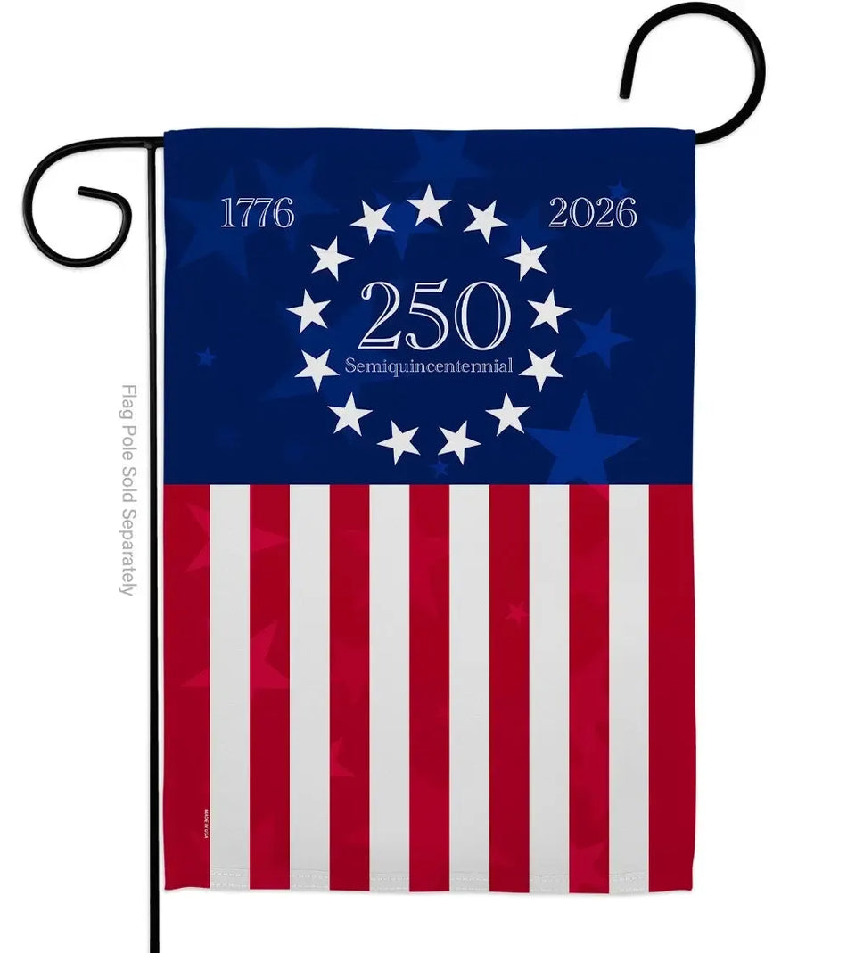 Celebrate America's 250th with our special Betsy Ross garden flag, featuring 13 stars, 13 stripes, and the years 1776 and 2026 in a patriotic design.