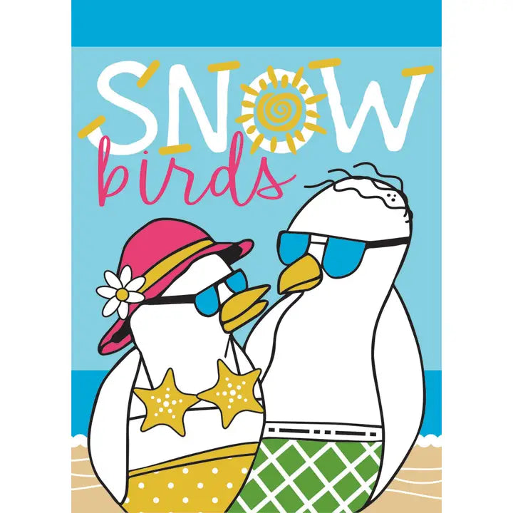 Snow Birds Applique Garden Flag Features a Seagull Couple With Swimsuits & Sunglasses