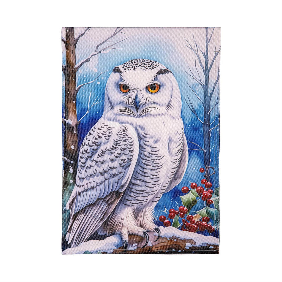 Snow Owl Garden Flag Features a Beautiful White Snow Owl on a Burlap Flag 