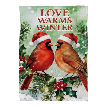 Snowbirds Love Warm Winter Garden Flag Features a Cardinal Couple Centered With The Words "Love Warms Winter"