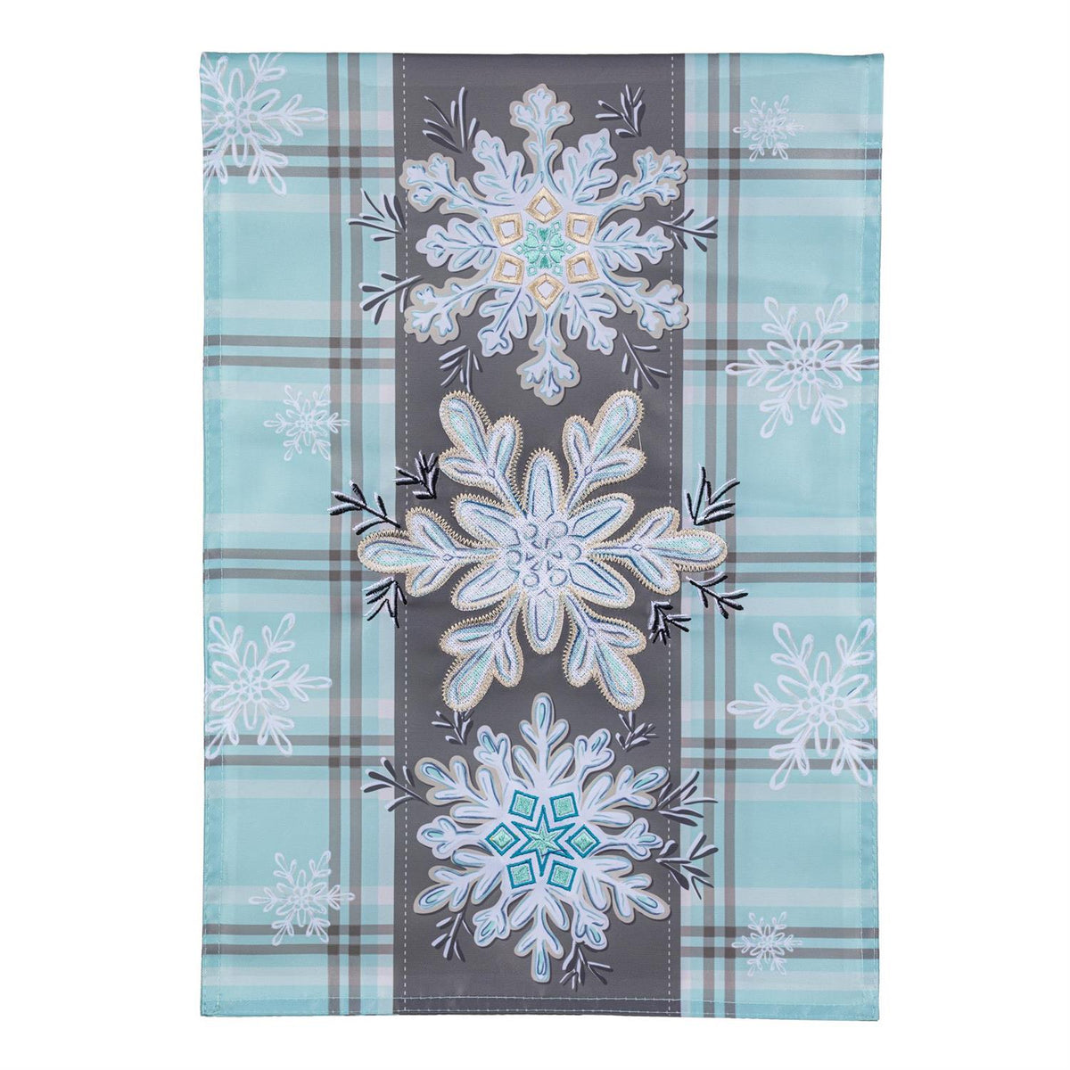 Snowflake Trio Garden Flag Features 3 Appliqued Snowflakes with a Plaid Blue Background and Other Snowflakes 