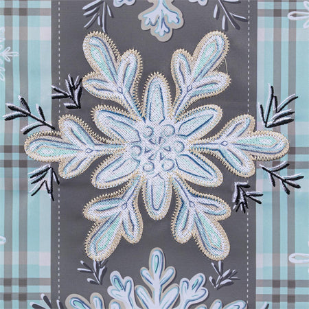 Snowflakes Trio Garden Flag Features a Close Up of a Applique Snowflake