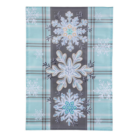 Snowflake Trio Garden Flag Features 3 Appliqued Snowflakes with a Plaid Blue Background and Other Snowflakes 
