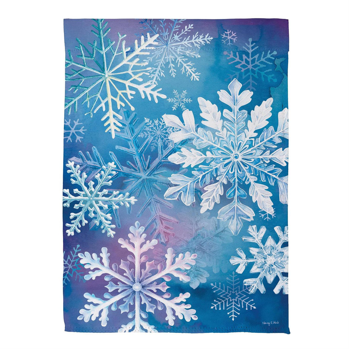 Snowflakes Dance Garden Flag Features layered Snowflakes with a Blue Background