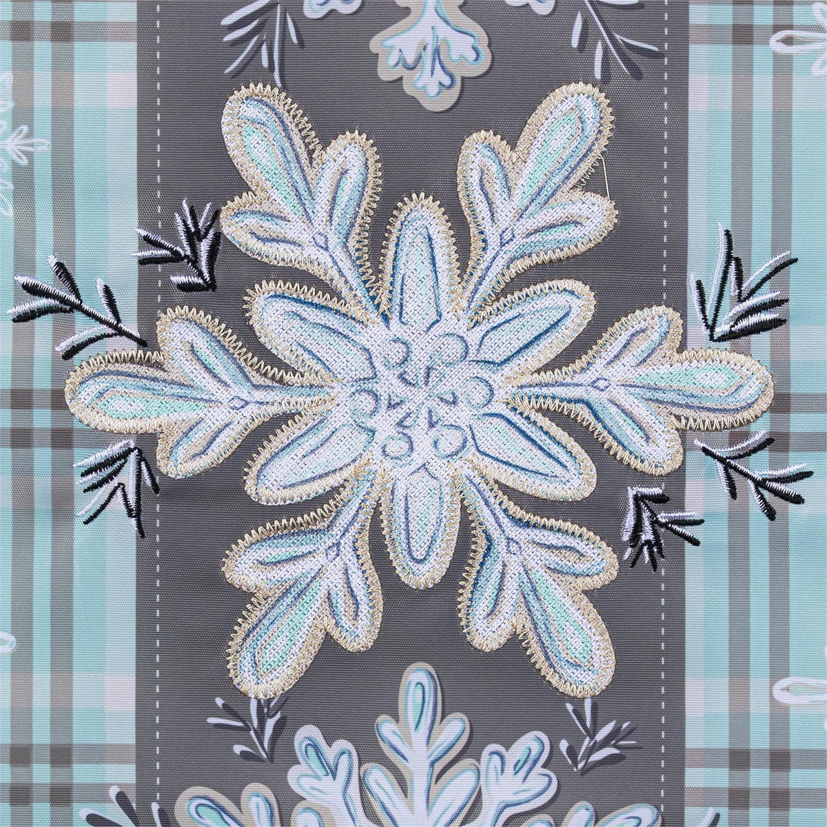 Snowflakes Trio Garden Flag Features a Close Up of a Applique Snowflake