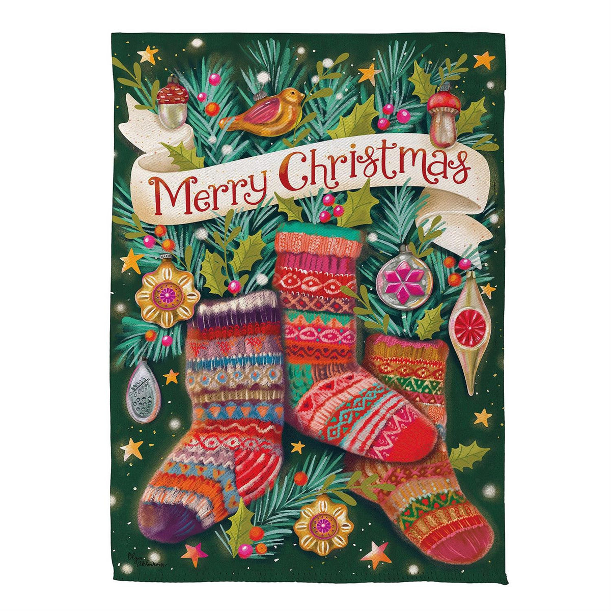 Sock Ornaments Garden Flag features 3 festive socks with old school ornaments and the words " Merry Christmas"
