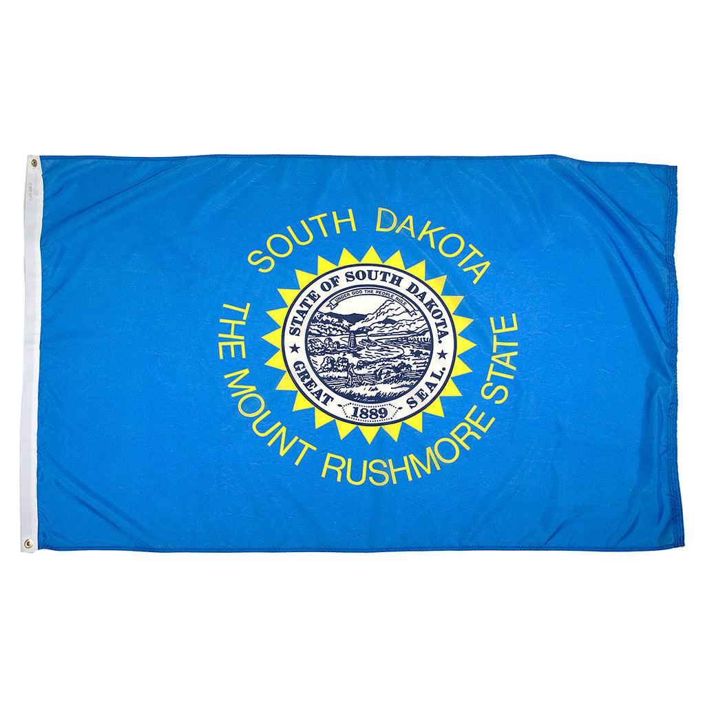 Long-lasting outdoor South Dakota Flags are available in 1x1.5, 2x3, 3x5, 4x6, 5x8, 6x10, 8x12, 10x15, and 12x18 sizes