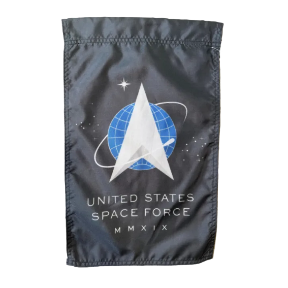 This garden flag features a black background with the Space Force logo in the middle with the words " United States Space Force" on the bottom